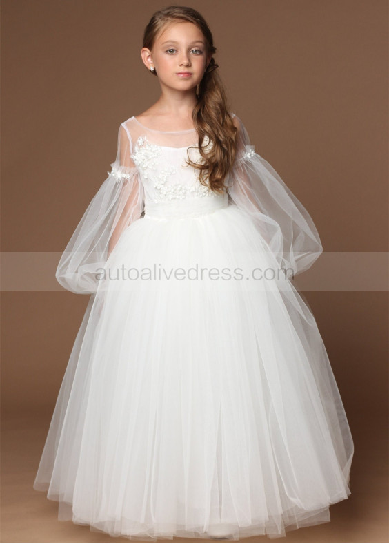 Ivory Fashion Tulle 3D Flowers Flower Girl Dress